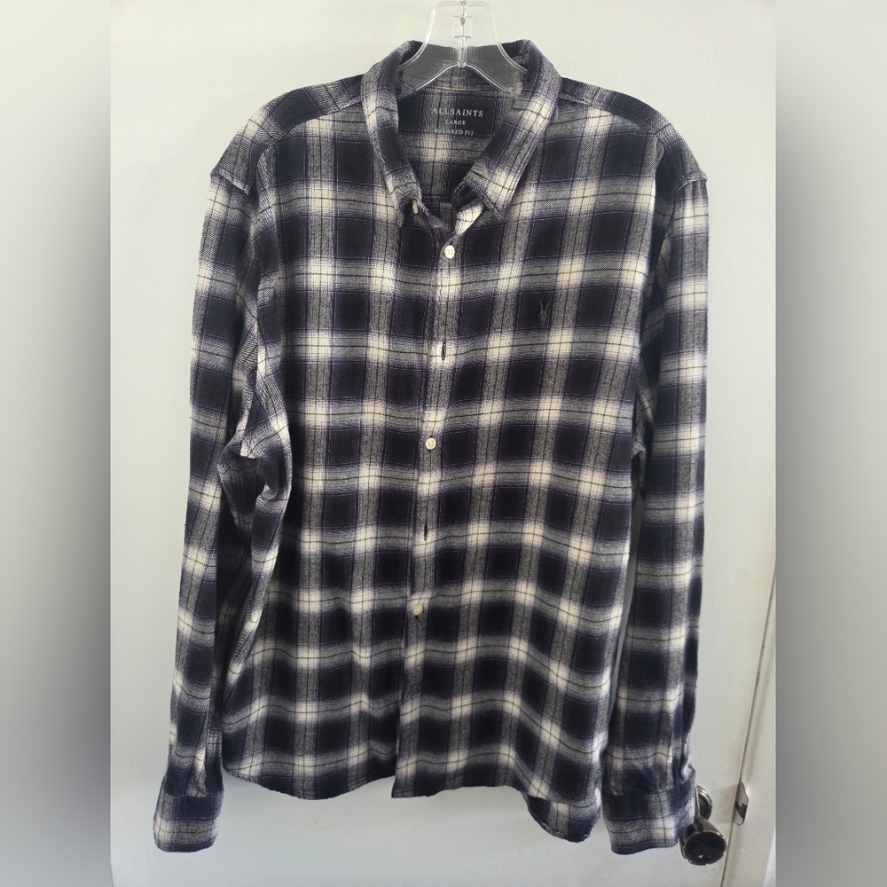 All Saints Navy and White Plaid Button-Down Shirt